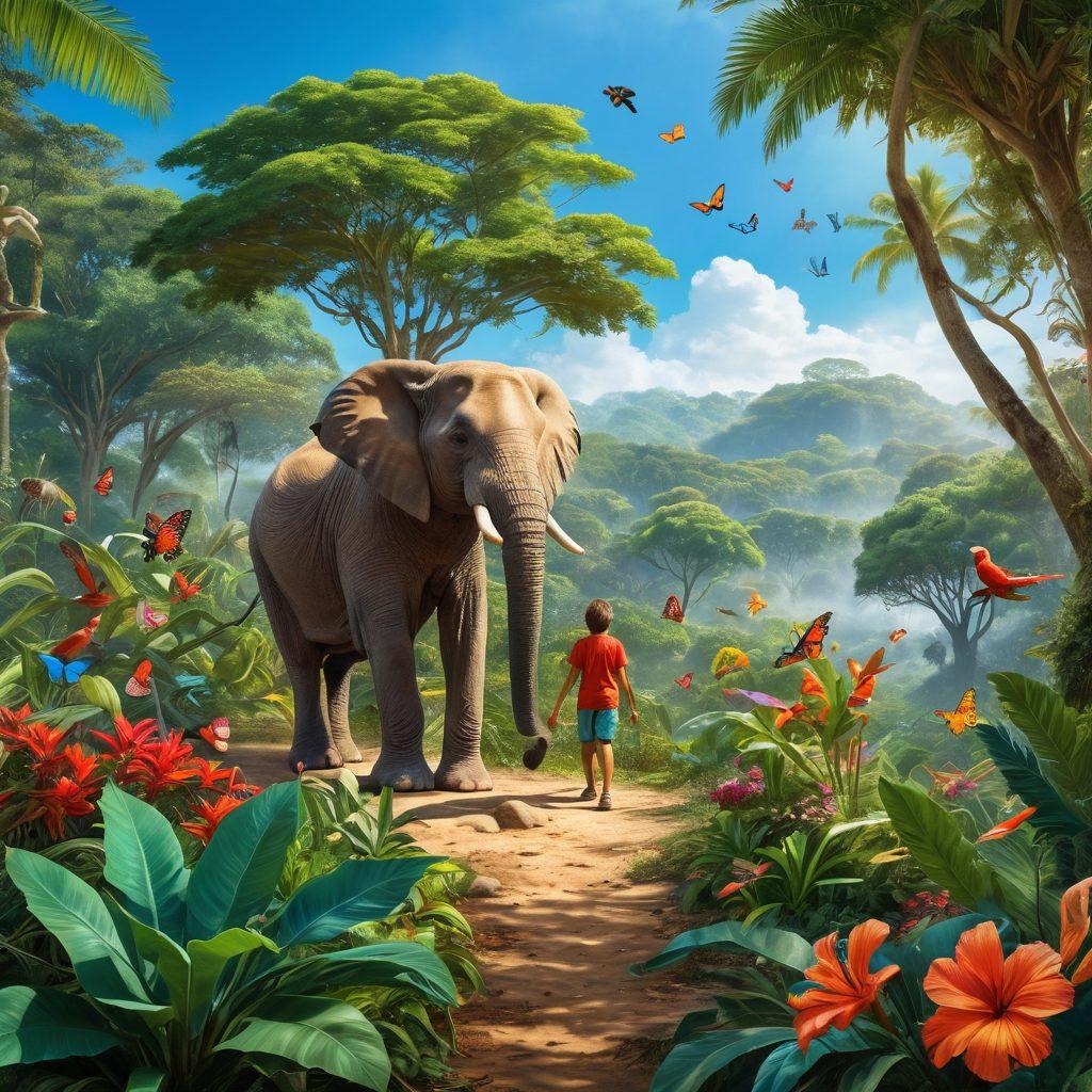 A lush, vibrant jungle scene teeming with wildlife, showcasing animals like elephants, parrots, and butterflies, alongside a family engaging in a joyful pet adventure. The backdrop features a serene conservation area where wildlife thrives, with a clear blue sky above and colorful flora in the foreground. Emphasize the harmony between humans and nature, highlighting both conservation and pet enjoyment. vivid colors. super-realistic. tropical landscape.