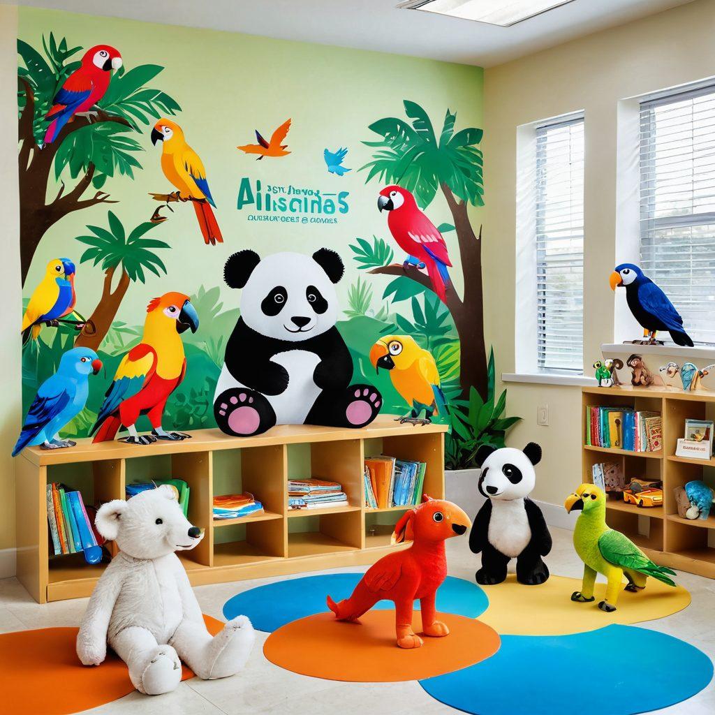 A bright and playful scene featuring various adorable animals like a panda, an elephant, and a colorful parrot engaging with children in a vibrant classroom. The backdrop showcases educational posters of different species and their habitats, creating a fun and interactive learning environment. Include elements like books, magnifying glasses, and animal toys scattered around to enhance the theme of education. super-realistic. vibrant colors. white background.