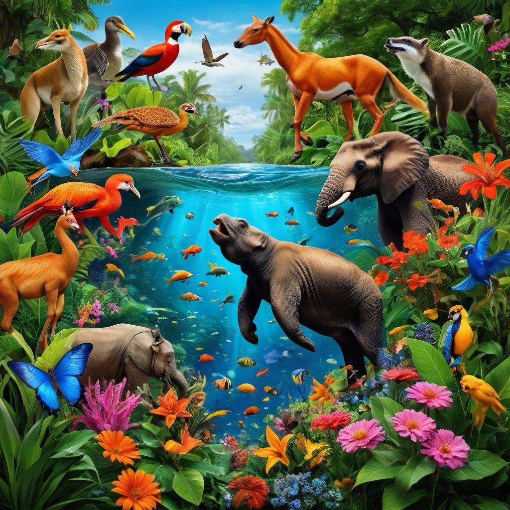 A vibrant and dynamic collage featuring a variety of wild animals playfully interacting in their natural habitat, with lush greenery and colorful flowers surrounding them. Include elements that emphasize conservation, like volunteers planting trees and children learning about wildlife. Capture the spirit of adventure with a small group of enthusiastic explorers observing the scene. The overall mood should be energetic and joyful, showcasing the beauty of nature and the importance of marine life conservation. vibrant colors. super-realistic.